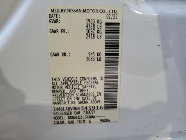 1N4BL4BV9NN345916 - 2022 NISSAN ALTIMA S WHITE photo 13