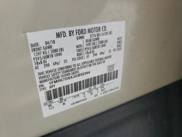 1FM5K7D8XJGB52364 - 2018 FORD EXPLORER XLT Beżowy zdjęcie 13