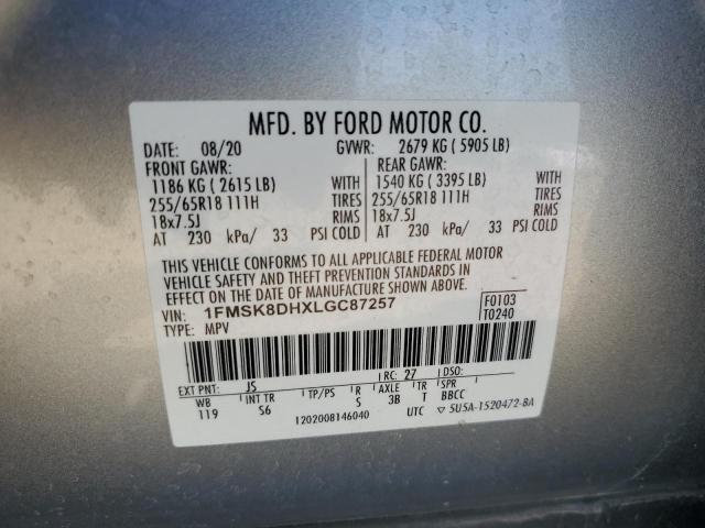 1FMSK8DHXLGC87257 - 2020 FORD EXPLORER XLT ვერცხლისფერი ფოტო 12