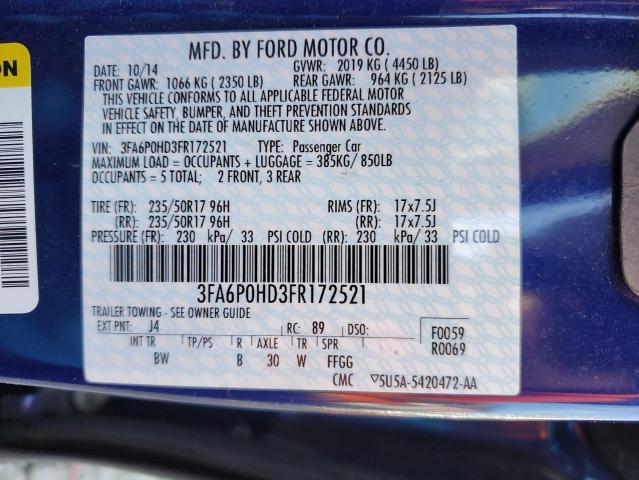 3FA6P0HD3FR172521 - 2015 FORD FUSION SE BLUE photo 13