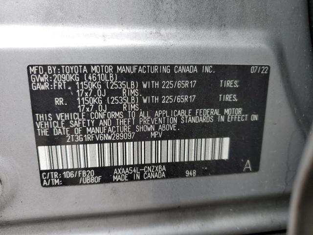 2T3G1RFV6NW289097 - 2022 TOYOTA RAV4 LE Plata foto 12