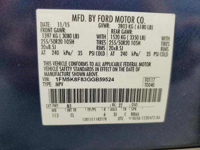 1FM5K8F83GGB59524 - 2016 FORD EXPLORER LIMITED 蓝色 照片 13