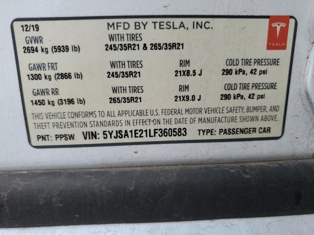 5YJSA1E21LF360583 - 2020 TESLA MODEL S Ağ foto 13