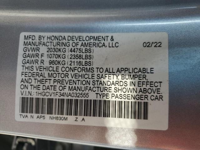 1HGCV1F34NA032555 - 2022 HONDA ACCORD SPORT SILVER photo 12