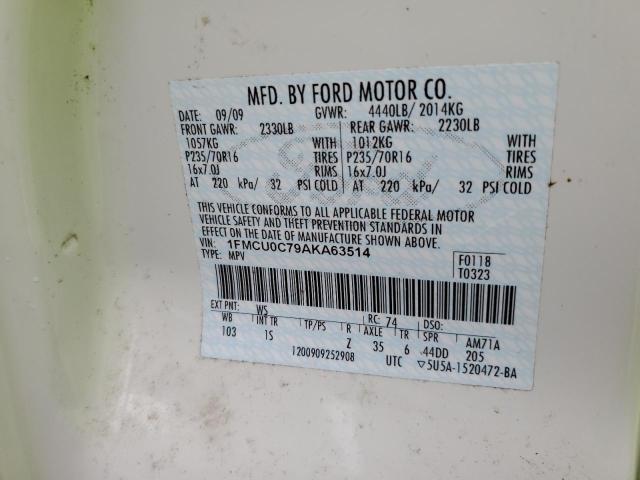 1FMCU0C79AKA63514 - 2010 FORD ESCAPE XLS WHITE photo 12