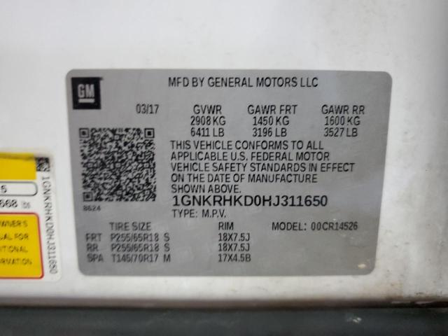 1GNKRHKD0HJ311650 - 2017 CHEVROLET TRAVERSE LT WHITE photo 14