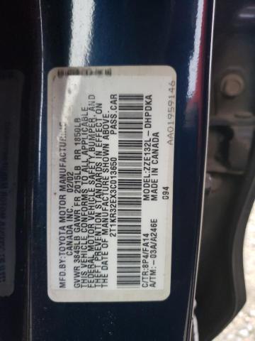 2T1KR32EX3C013650 - 2003 TOYOTA COROLLA MA XR BLUE photo 12