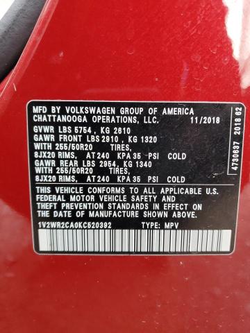 1V2WR2CA0KC520392 - 2019 VOLKSWAGEN ATLAS SE Qırmızı foto 13