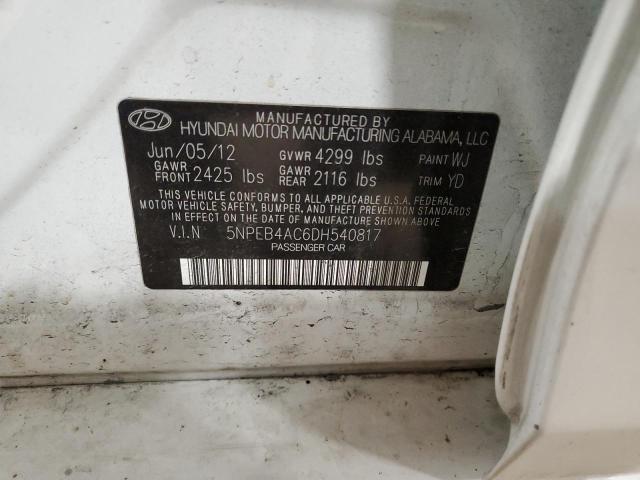 5NPEB4AC6DH540817 - 2013 HYUNDAI SONATA GLS WHITE photo 12