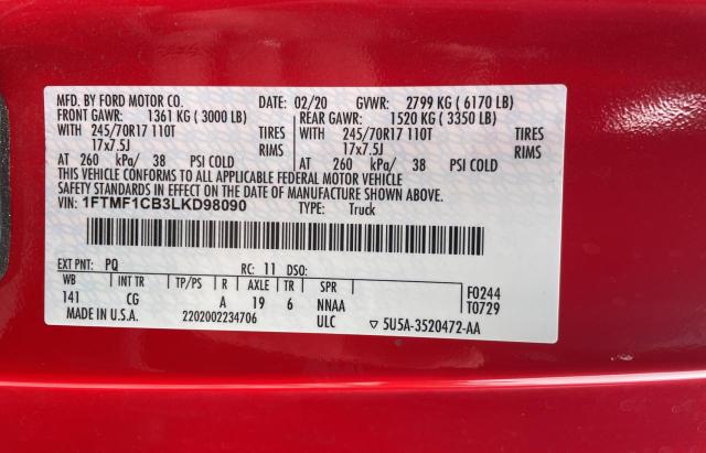 1FTMF1CB3LKD98090 - 2020 FORD F150 RED photo 10