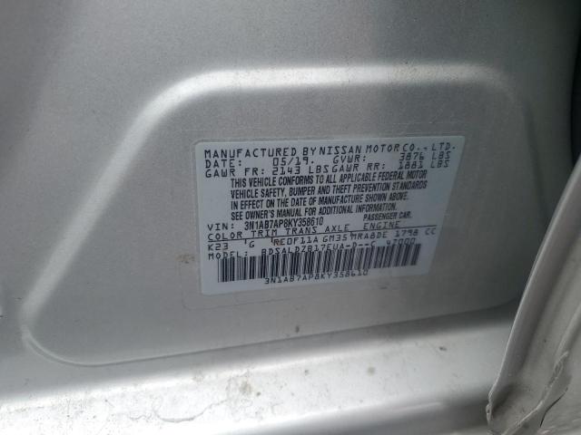 3N1AB7AP8KY358610 - 2019 NISSAN SENTRA S SILVER photo 12