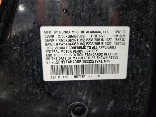 5FNYF4H49DB003325 - 2013 HONDA PILOT EX შავი ფოტო 13