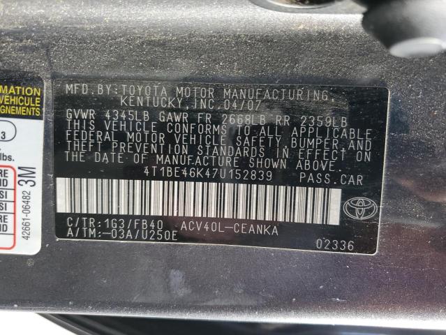 4T1BE46K47U152839 - 2007 TOYOTA CAMRY CE GRAY photo 12