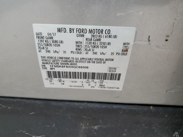 1FM5K8F8XHGC69309 - 2017 FORD EXPLORER LIMITED SILVER photo 13