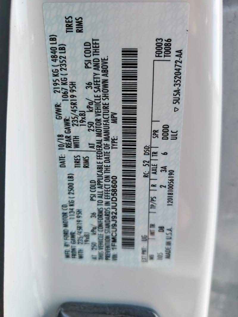 1FMCU9J92JUD58600 - 2018 FORD ESCAPE TITANIUM თეთრი ფოტო 14