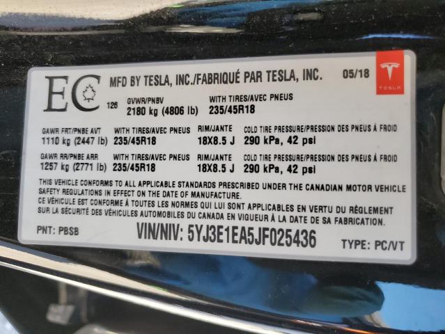 5YJ3E1EA5JF025436 - 2018 TESLA MODEL 3 أسود صورة 13