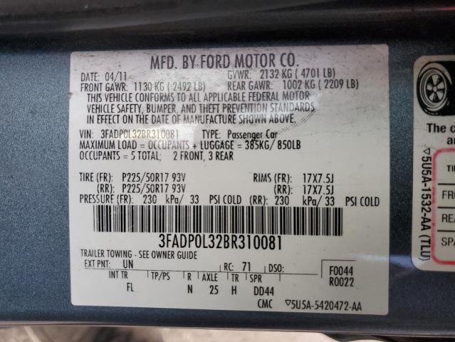 3FADP0L32BR310081 - 2011 FORD FUSION HYBRID BLUE photo 12