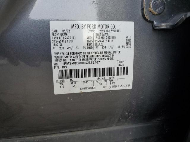 1FMSK8DH0NGB52467 - 2022 FORD EXPLORER XLT GRAY photo 13