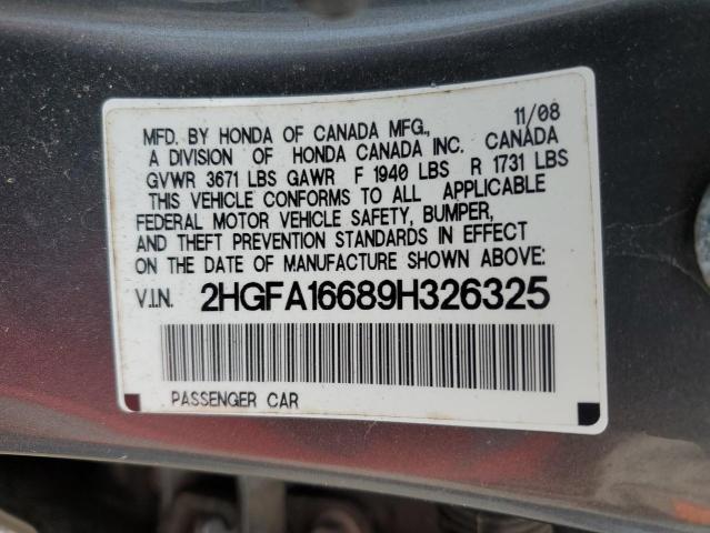 2HGFA16689H326325 - 2009 HONDA CIVIC LX-S Մոխրագույն լուսանկար 12