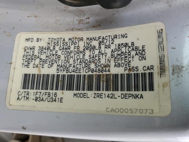 5YFBU4EE1CP048044 - 2012 TOYOTA COROLLA BASE SILVER photo 12