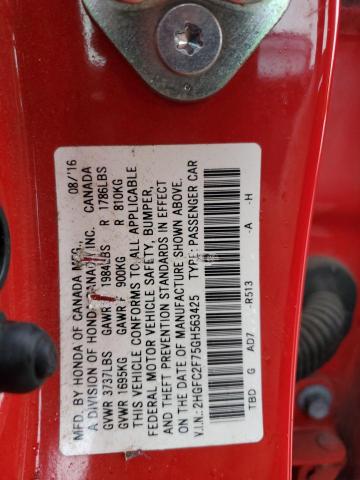 2HGFC2F75GH563425 - 2016 HONDA CIVIC EX RED photo 12