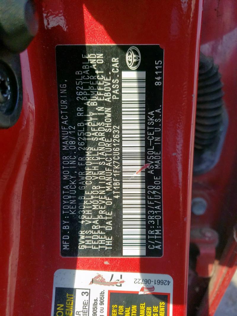 4T1BF1FK7CU612632 - 2012 TOYOTA CAMRY BASE MAROON photo 12