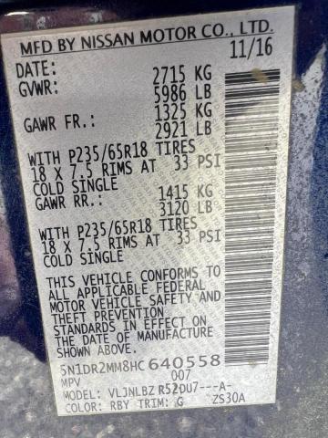 5N1DR2MM8HC640588 - 2017 NISSAN PATHFINDER S BLUE photo 10