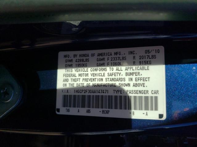 1HGCP2F30AA147471 - 2010 HONDA ACCORD LX BLUE photo 12