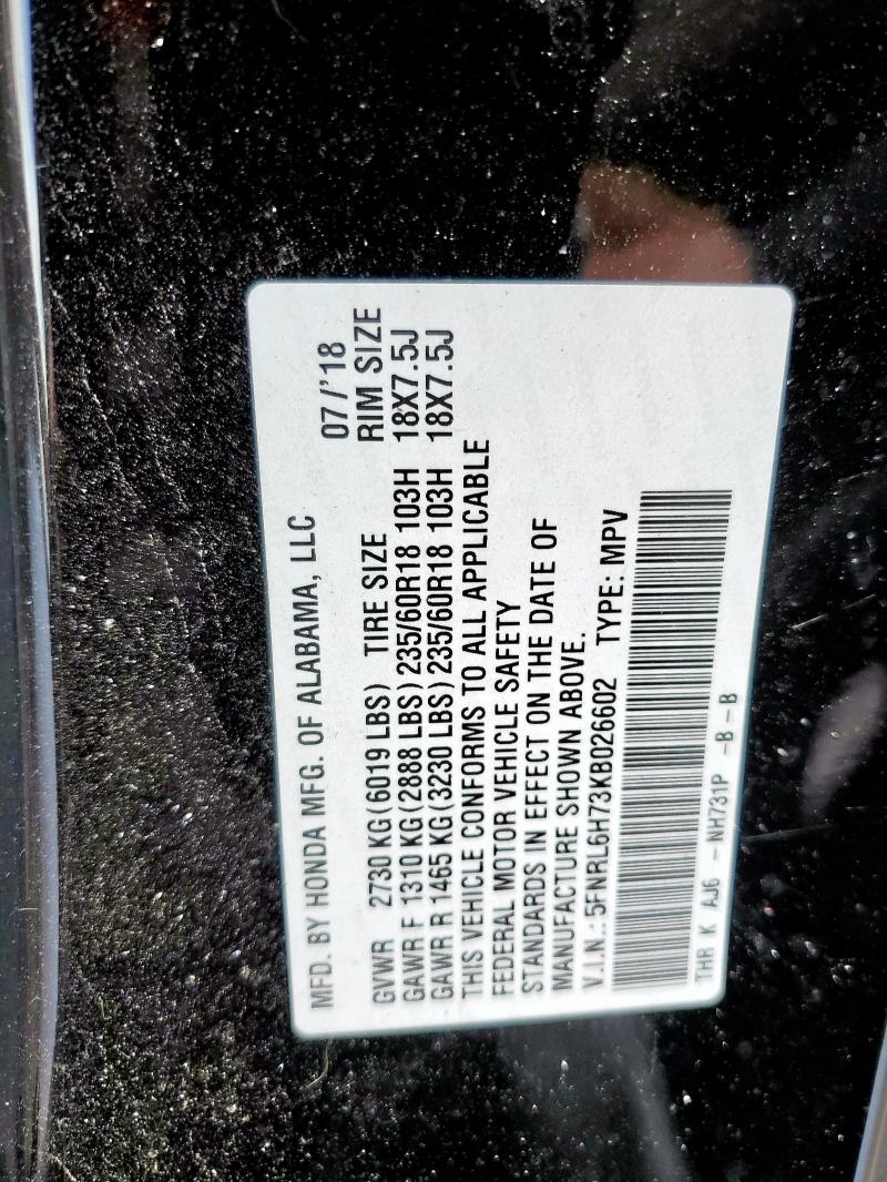5FNRL6H73KB026602 - 2019 HONDA ODYSSEY EXL BLACK photo 13