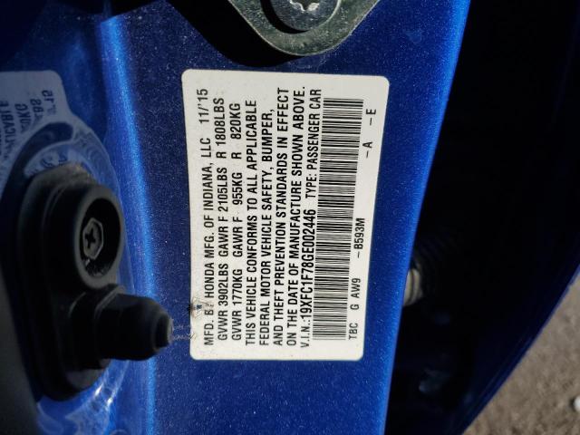 19XFC1F78GE002446 - 2016 HONDA CIVIC EXL ლურჯი ფოტო 12