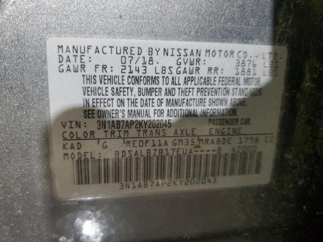 3N1AB7AP2KY202045 - 2019 NISSAN SENTRA S GRAY photo 12