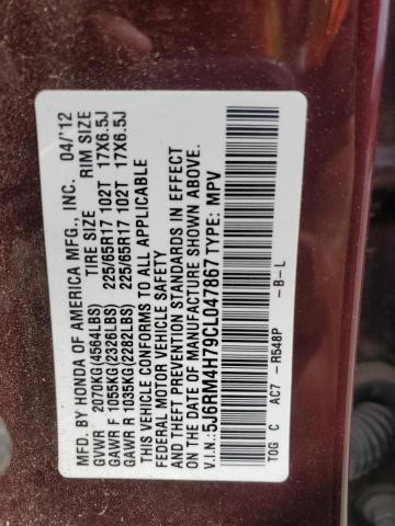 5J6RM4H79CL047867 - 2012 HONDA CR-V EXL BURGUNDY photo 12
