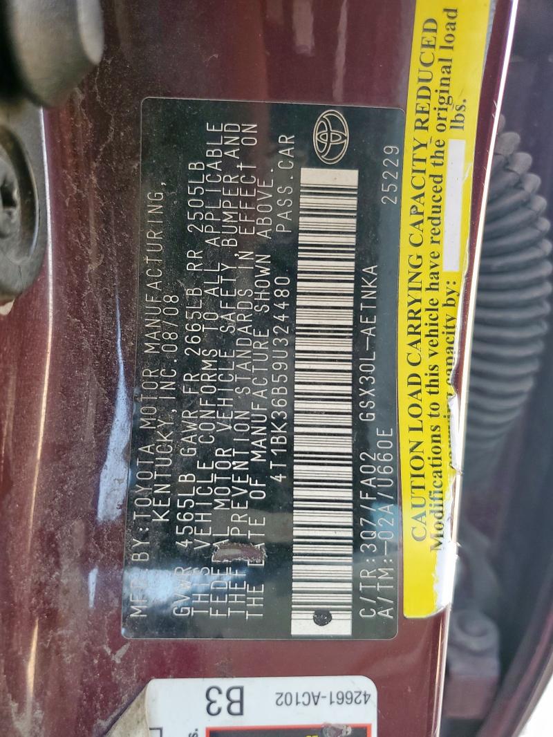 4T1BK36B59U324480 - 2009 TOYOTA AVALON XL BURGUNDY photo 12