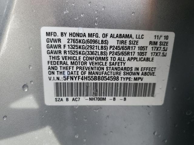 5FNYF4H55BB054598 - 2011 HONDA PILOT EXL SILVER photo 13