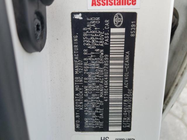 4T1BE46K48U778599 - 2008 TOYOTA CAMRY CE WHITE photo 13