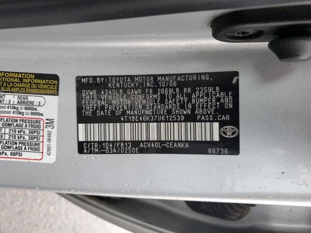 4T1BE46K37U612539 - 2007 TOYOTA CAMRY CE SILVER photo 12