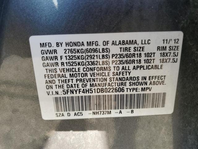 5FNYF4H51DB022606 - 2013 HONDA PILOT EXL GRAY photo 13