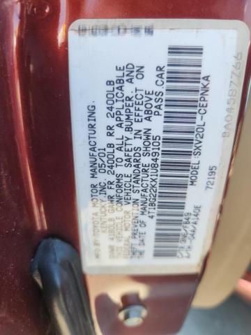 4T1BG22KX1U849105 - 2001 TOYOTA CAMRY CE 勃艮第红 照片 12
