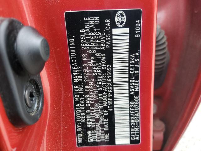 4T1BF1FKXCU616092 - 2012 TOYOTA CAMRY BASE RED photo 12