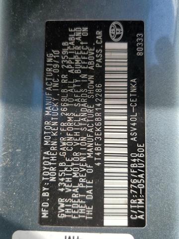 4T4BF3EK6BR142286 - 2011 TOYOTA CAMRY BASE TURQUOISE photo 12