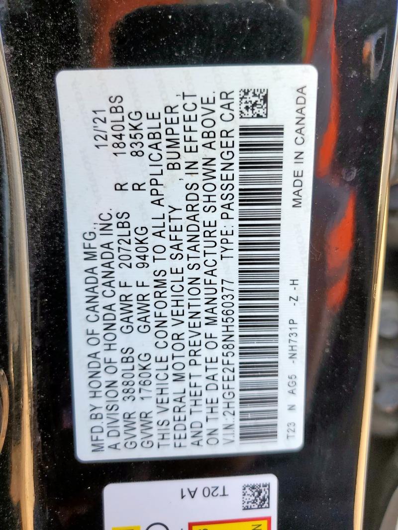 2HGFE2F58NH560377 - 2022 HONDA CIVIC SPORT BLACK photo 13