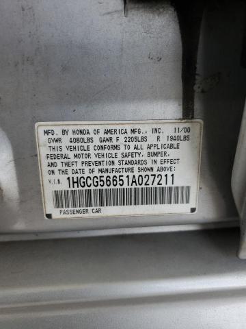 1HGCG56651A027211 - 2001 HONDA ACCORD EX SILVER photo 12