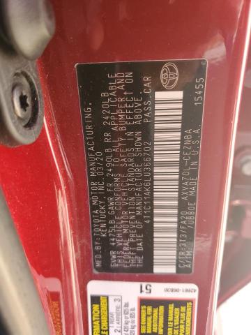 4T1C11AK6LU366702 - 2020 TOYOTA CAMRY LE Tünd qırmızı foto 12