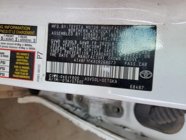 4T4BF1FKXCR268073 - 2012 TOYOTA CAMRY BASE Белый фото 12