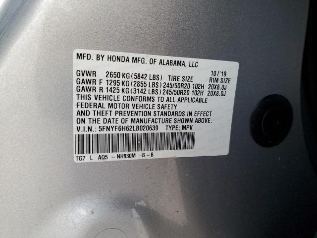 5FNYF6H62LB020639 - 2020 HONDA PILOT TOURING SILVER photo 13