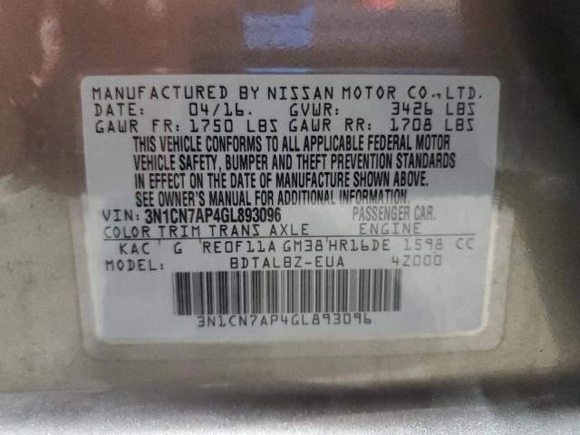 3N1CN7AP4GL893096 - 2016 NISSAN VERSA S 灰色 照片 12