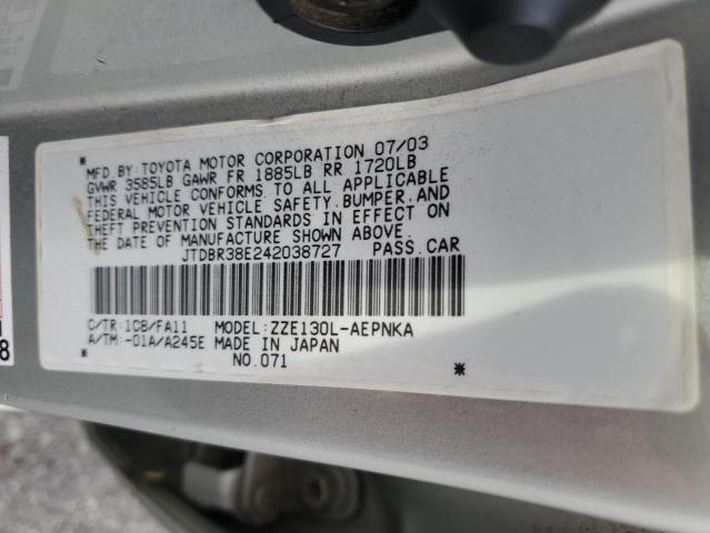 JTDBR38E242038727 - 2004 TOYOTA COROLLA CE SILVER photo 12