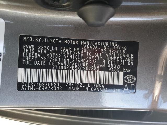 2T1BURHE5KC202889 - 2019 TOYOTA COROLLA L GRAY photo 12