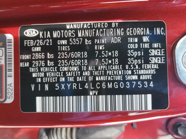 5XYRL4LC6MG037534 - 2021 KIA SORENTO S RED photo 13