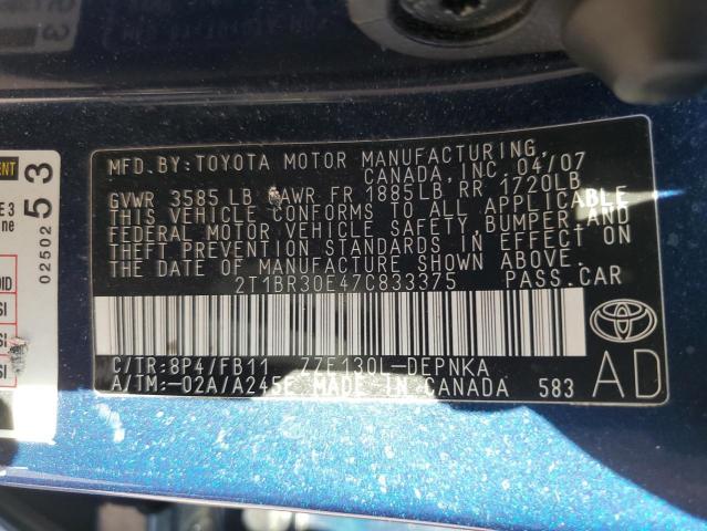 2T1BR30E47C833375 - 2007 TOYOTA COROLLA CE BLUE photo 12